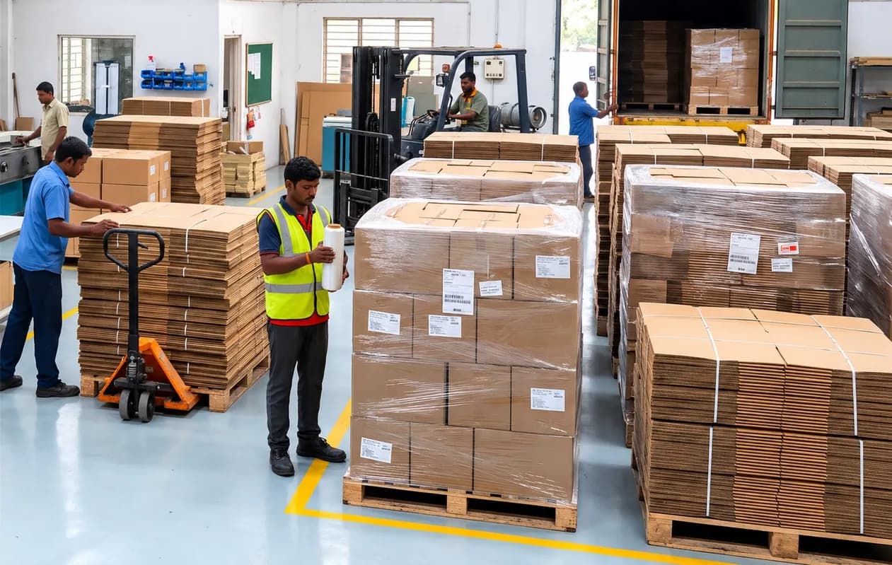 Team moving palletised export cartons in the finished-goods bay