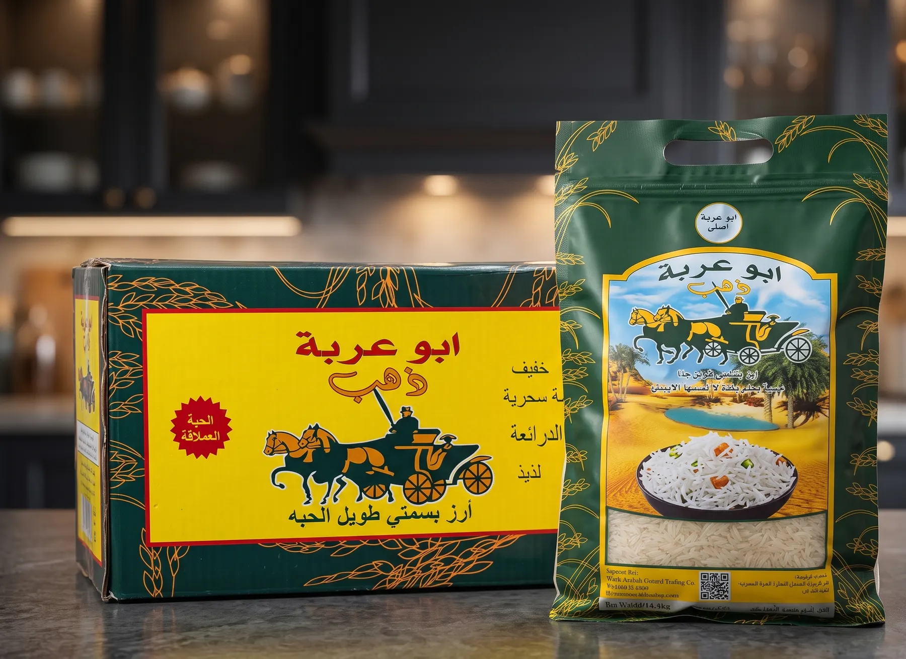 Printed rice carton with heritage artwork beside a rice bag