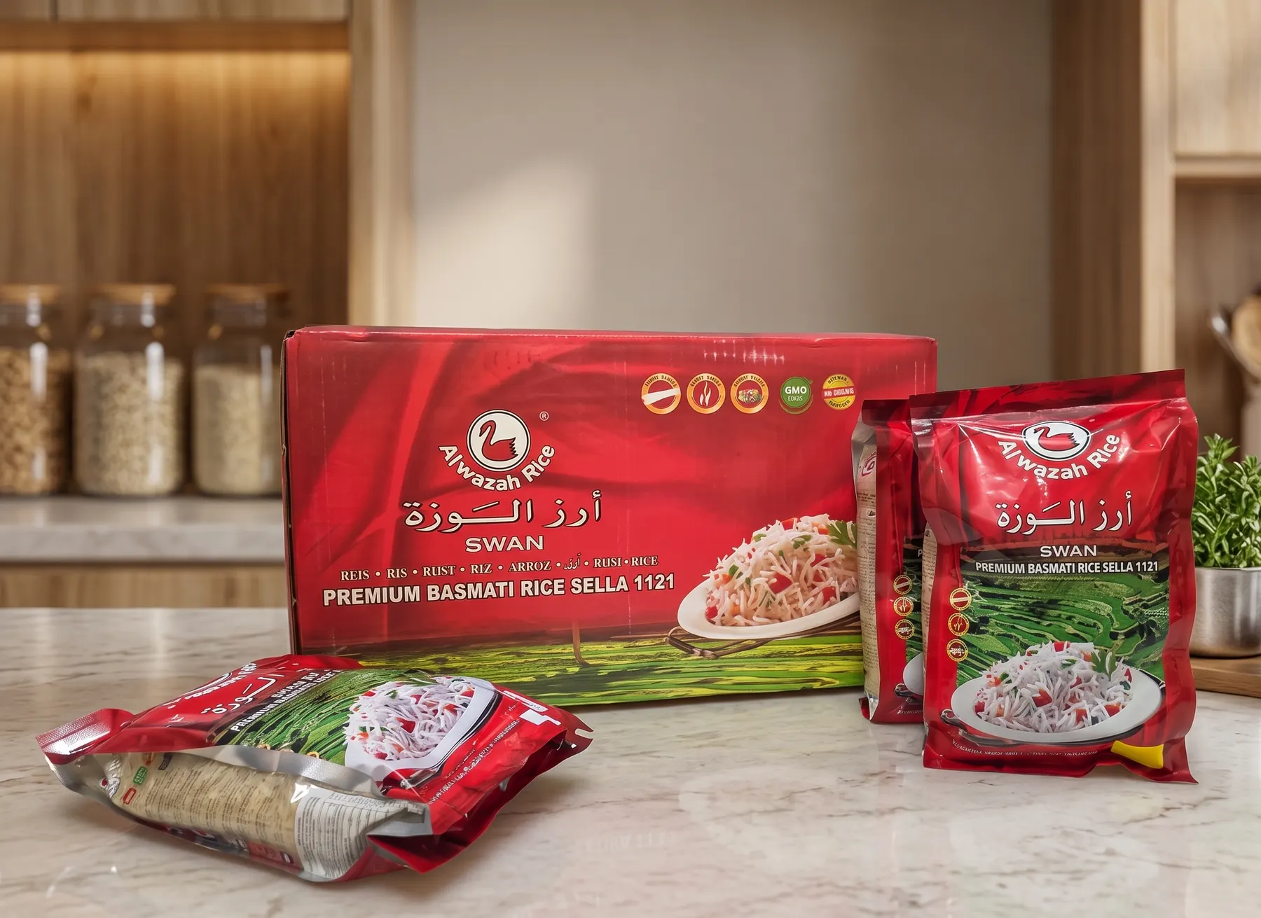 Full-colour printed rice carton with matching pouches