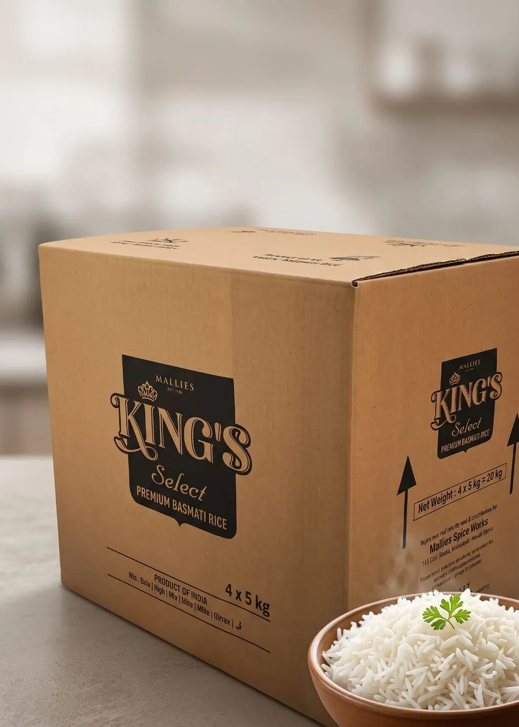Kraft corrugated export case printed for 4 × 5 kg basmati rice
