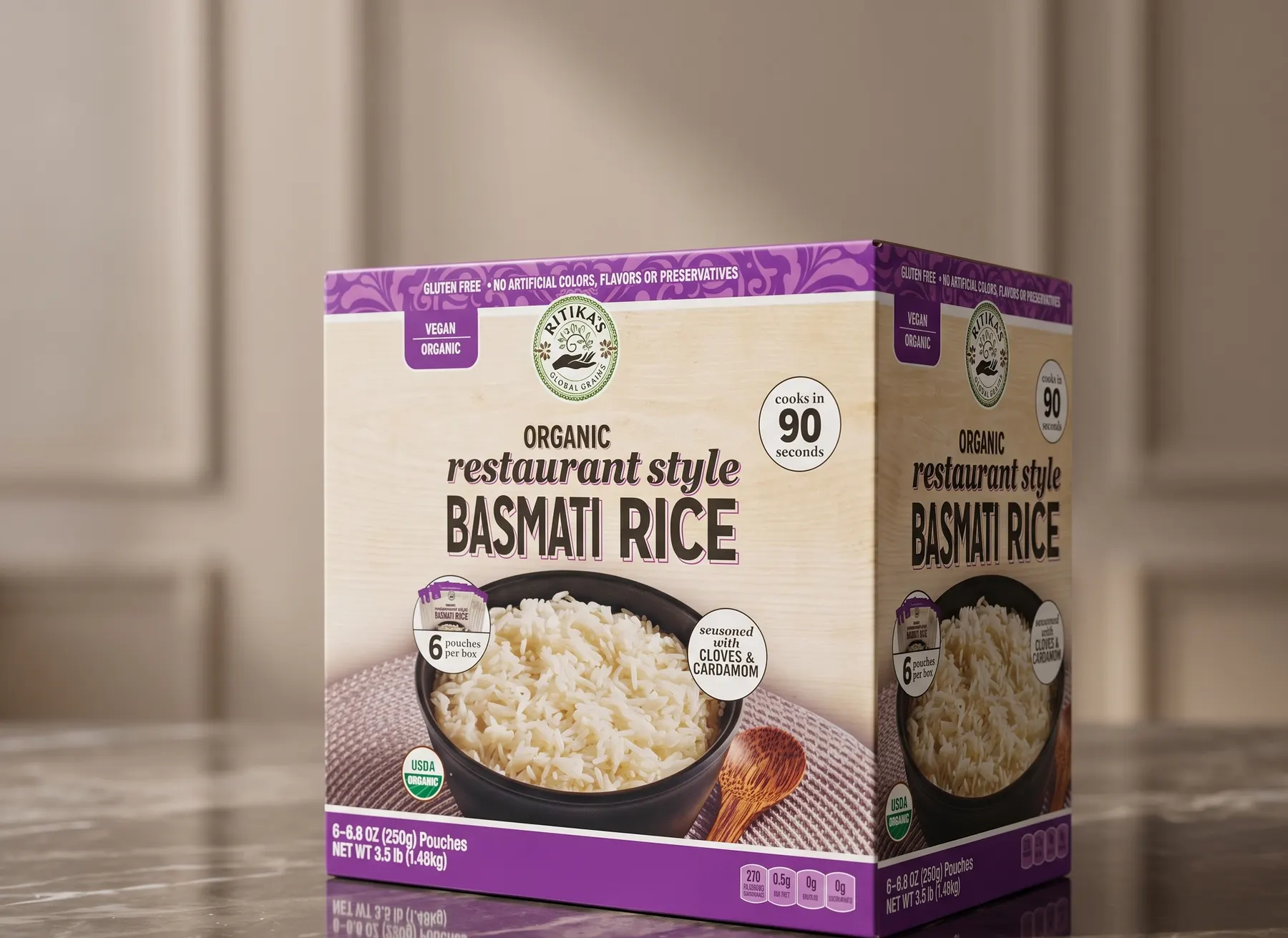 Printed retail carton holding six basmati rice pouches