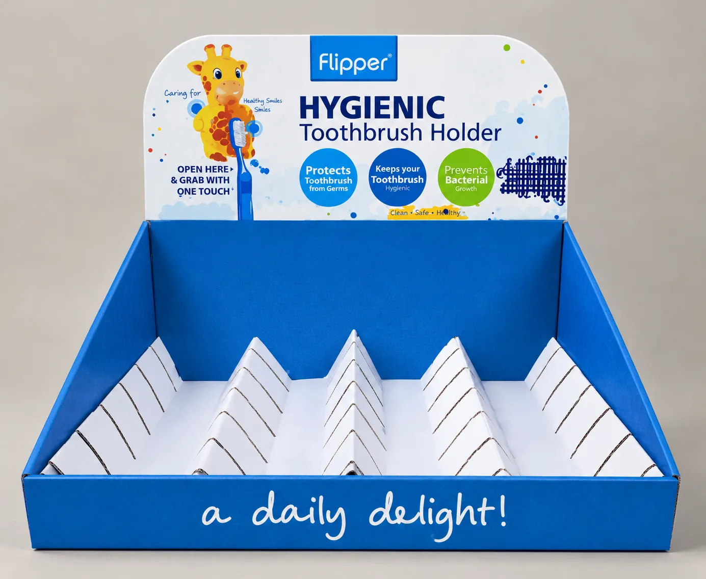 Blue counter display with header card and product dividers