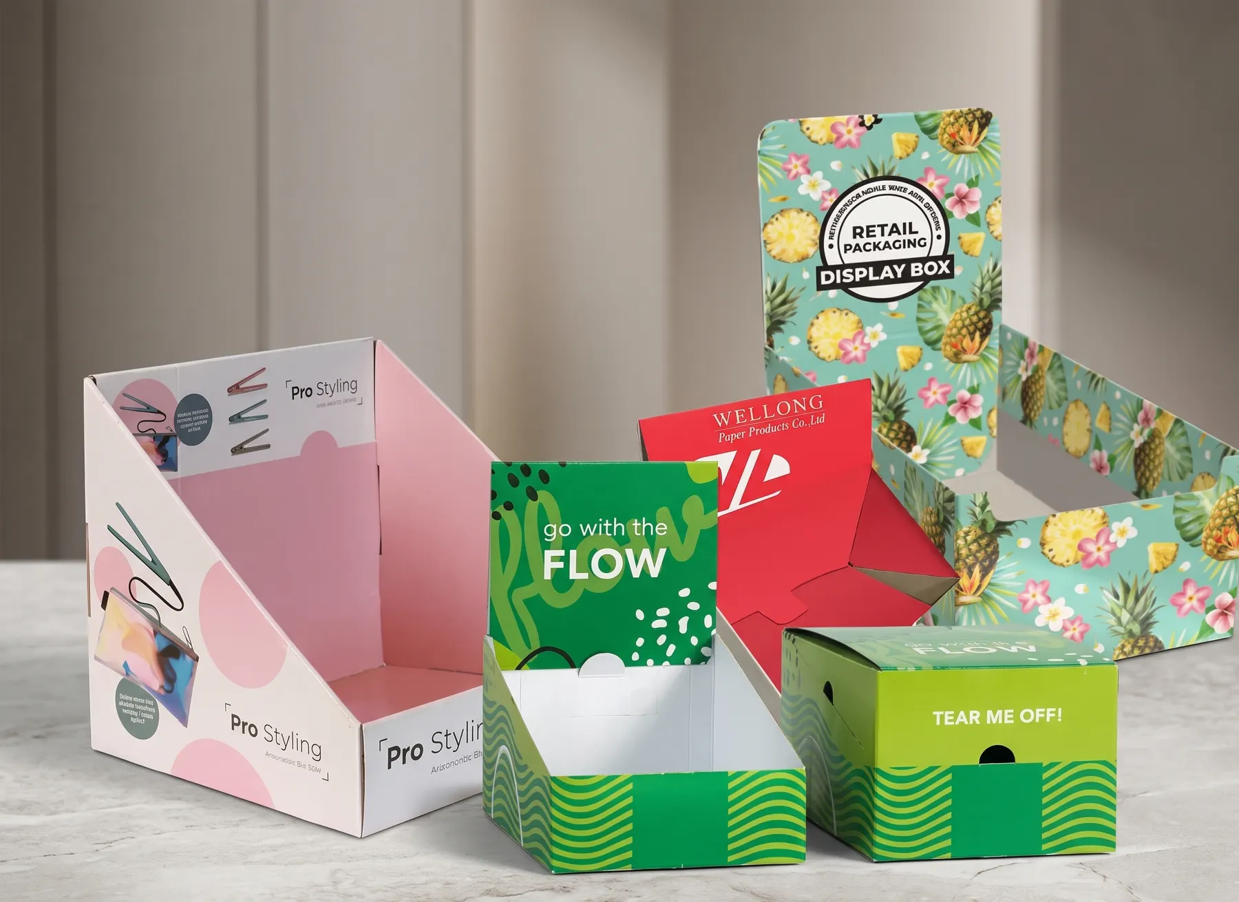 Assorted printed retail display boxes