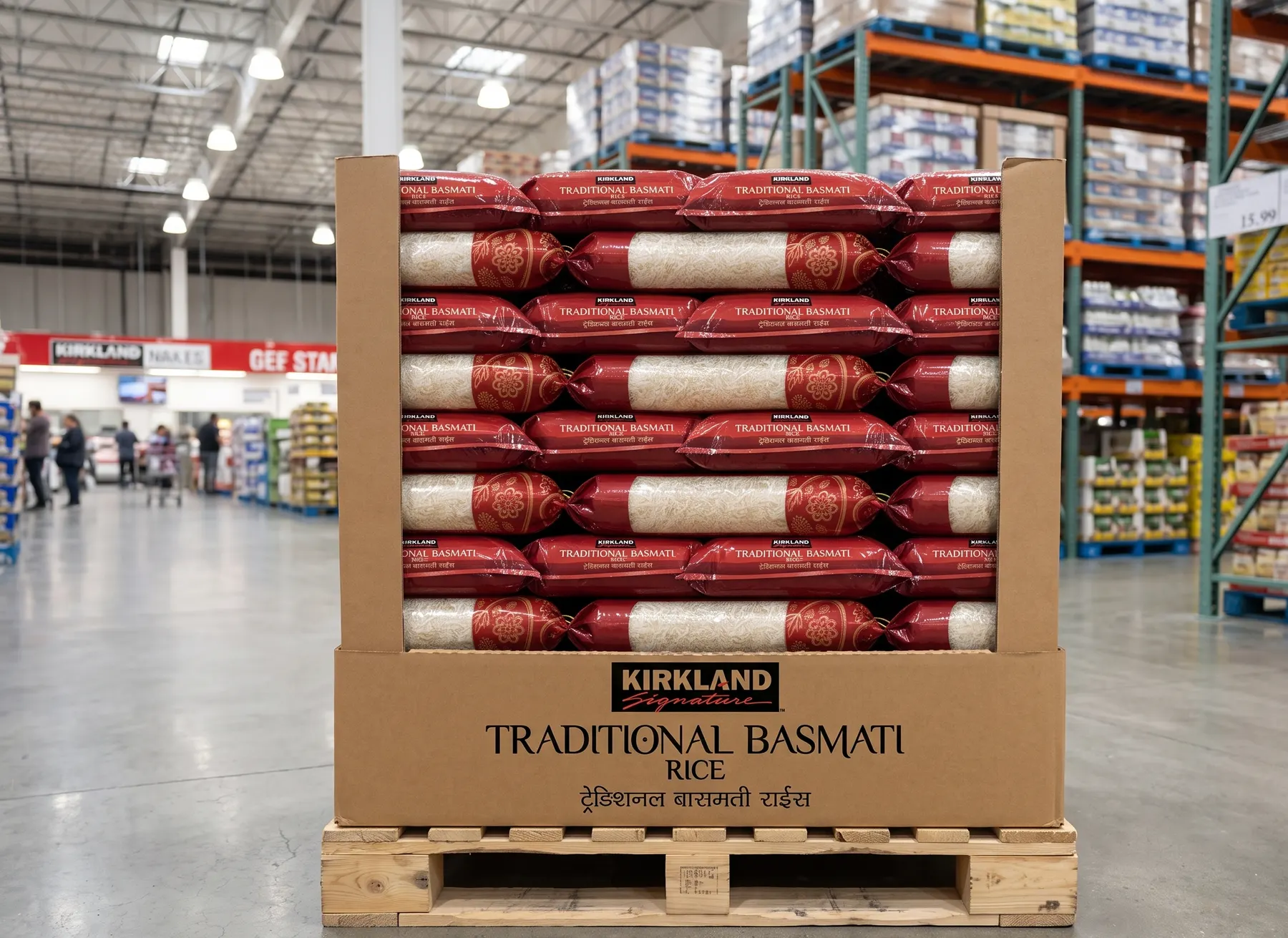 Pallet display tray of basmati rice bags