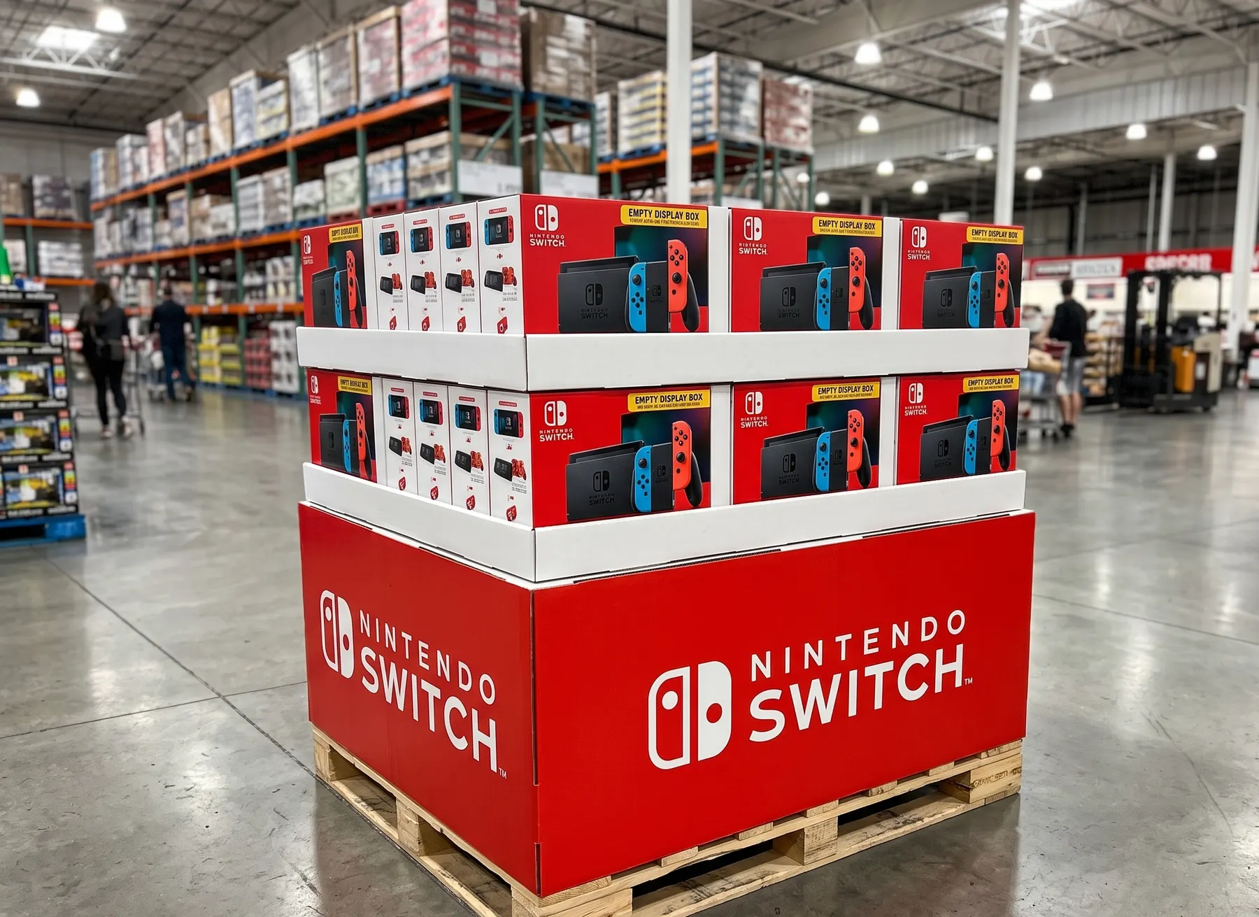 Printed corrugated pallet display stacked with console cartons