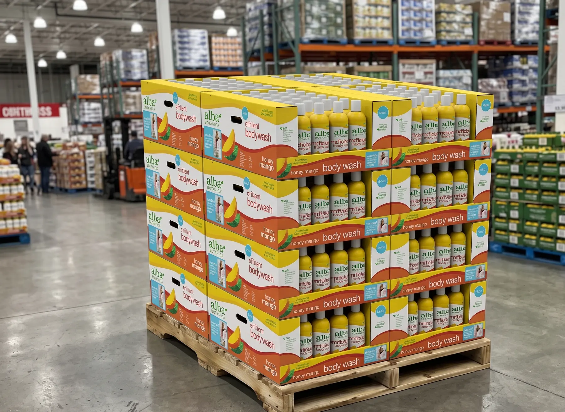 Pallet of printed shelf trays for bottled drinks