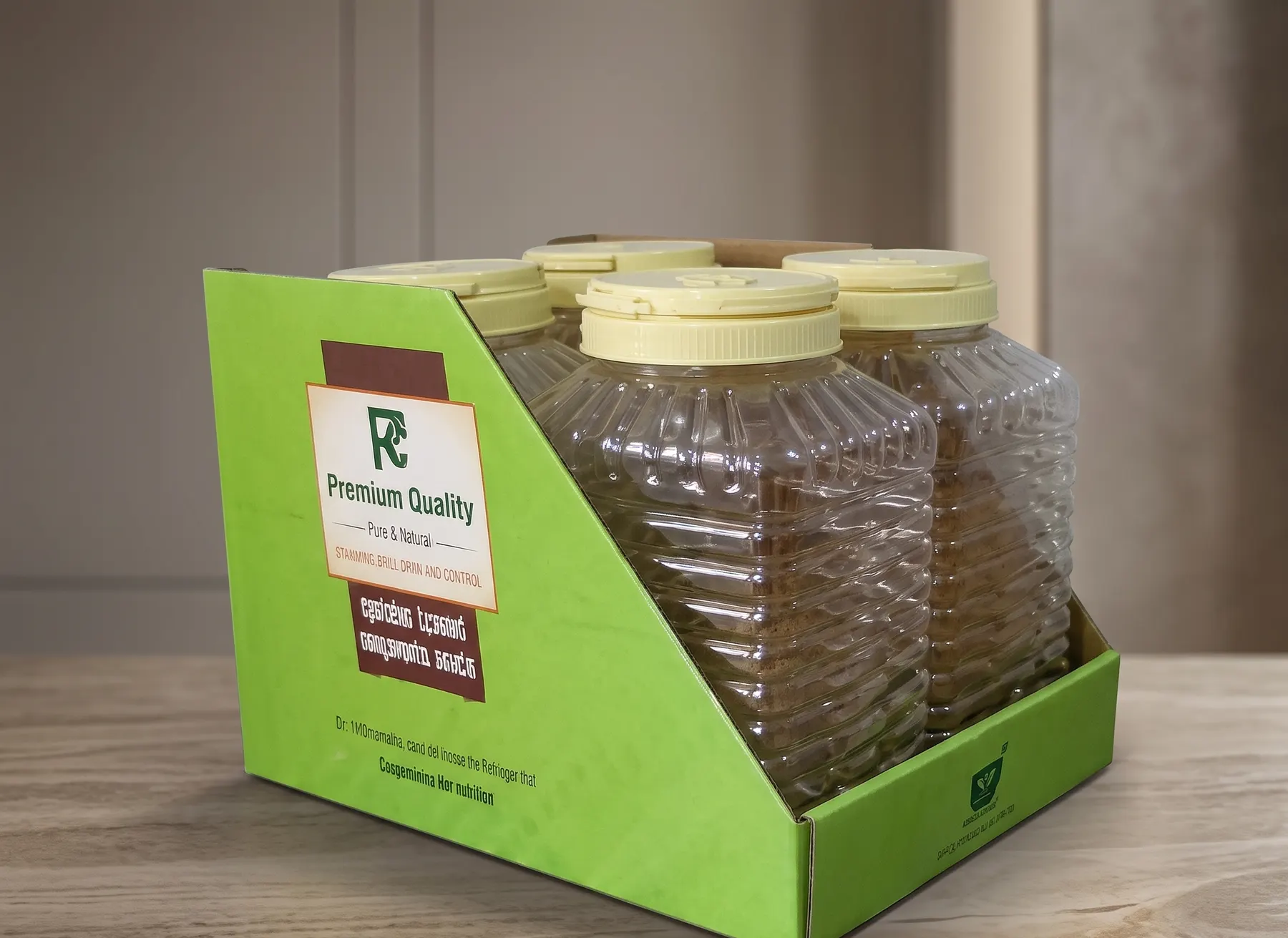Angled green display tray holding jars