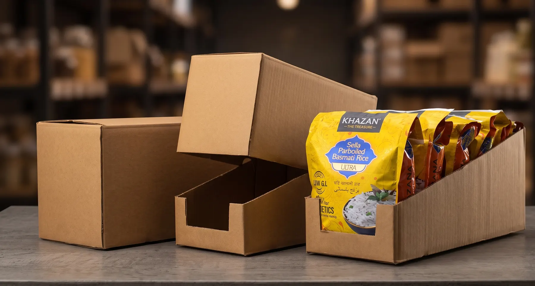 Kraft display-ready cartons holding rice pouches