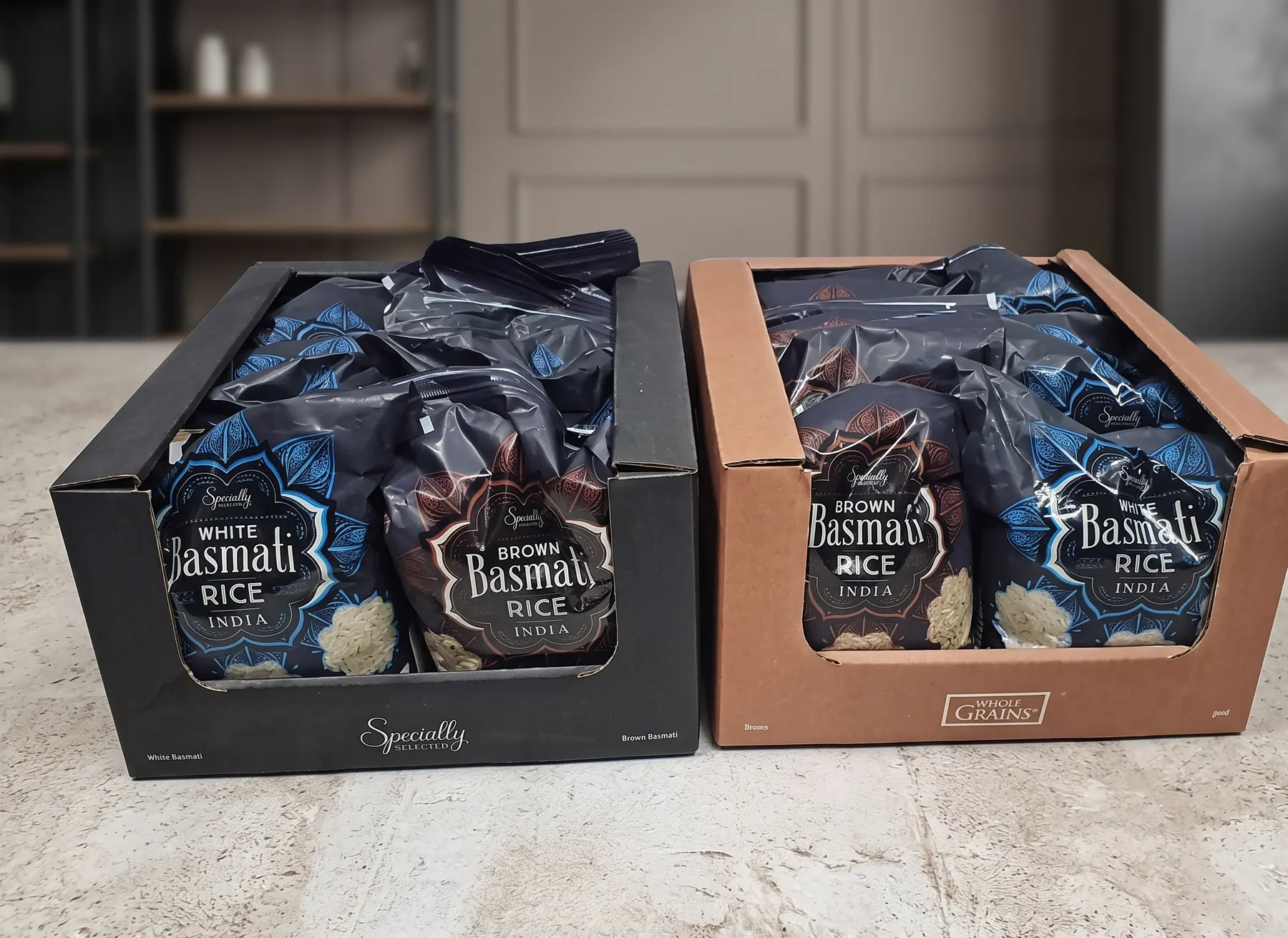 Black and kraft shelf-ready trays holding rice pouches