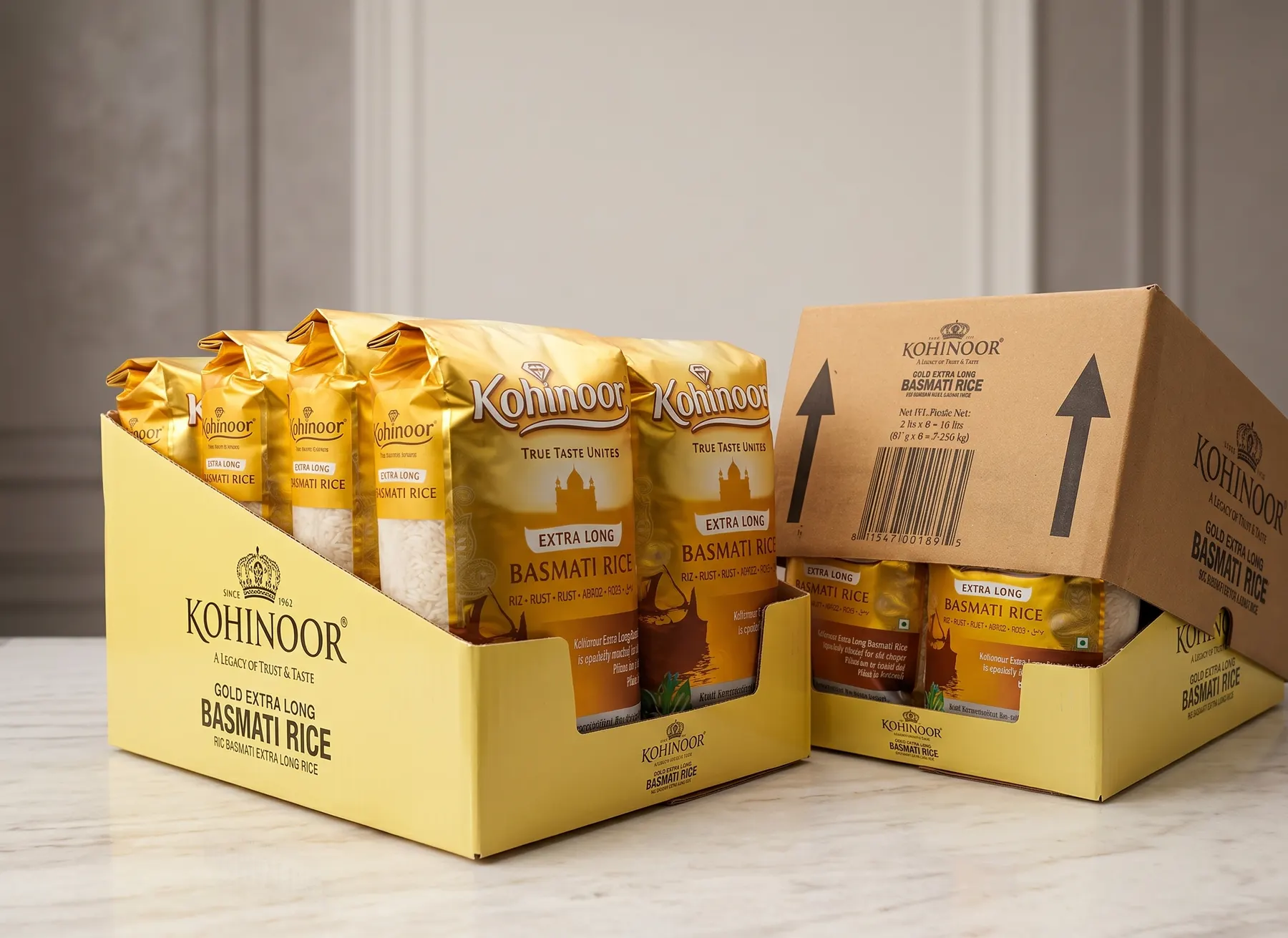 Printed shelf-ready trays holding basmati rice packs